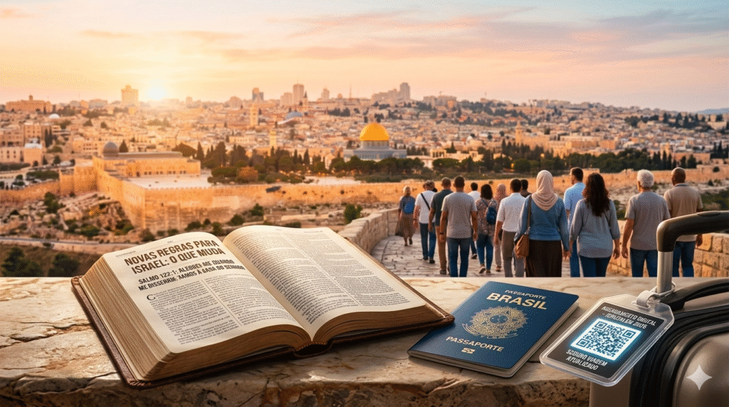 Documentos de viagem e mapa da Terra Santa, simbolizando as novas diretrizes de segurança e logística para caravanas de peregrinação a Israel em 2026.