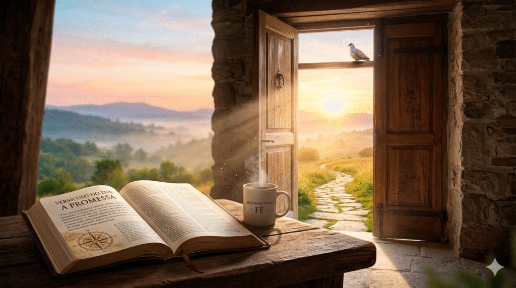 Imagem de uma porta se abrindo para um caminho iluminado, simbolizando a promessa de Deus e portas abertas para a segunda-feira. Um versículo sobre avivamento e renovação espiritual para começar a semana com fé.