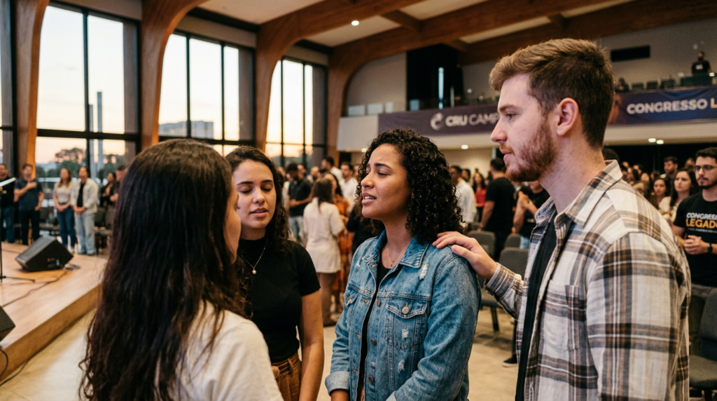 Banner oficial do Congresso Legado Cru Campus 2025, um evento para a juventude cristã focado no evangelho e avivamento espiritual. Jovens buscando um legado transformador.