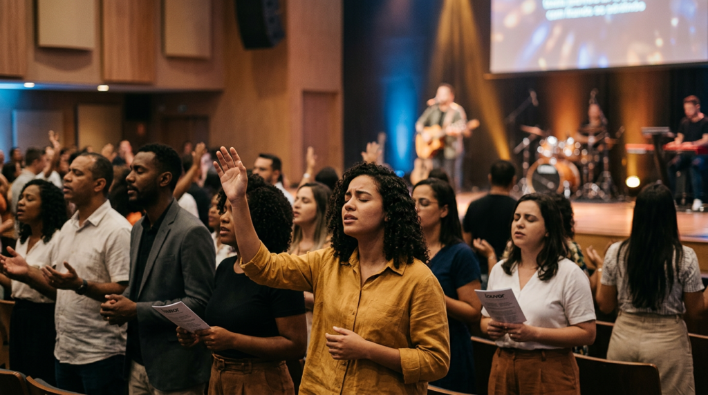 Imagem ilustrativa dos principais louvores de fé gospel no Spotify Brasil para 2025, destacando a música que inspira adoração e avivamento espiritual.