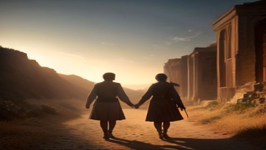 Dois viajantes caminhando com Jesus ao pôr do sol para reconhecer a presença de Deus.