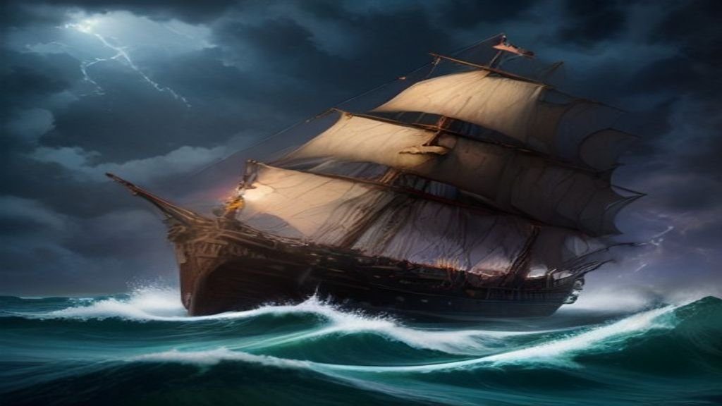 Navio antigo na tempestade ilustrando o estudo bíblico sobre as quatro âncoras para fortalecer a fé.