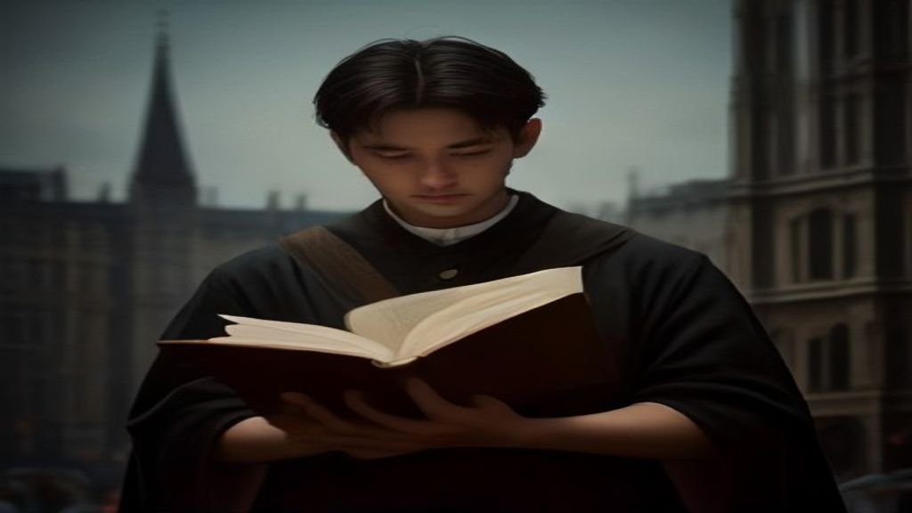 Jovem realizando a leitura pública da Bíblia em uma praça histórica europeia cercado por ouvintes.