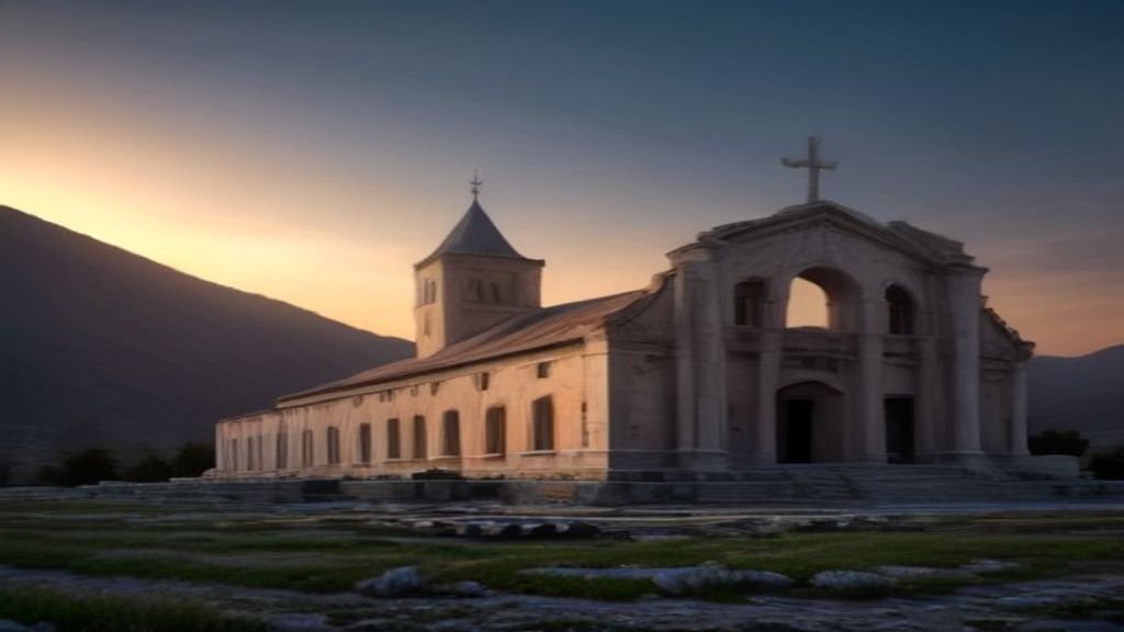 Escavação arqueológica de uma igreja antiga nas ruínas de Laodicéia sob o pôr do sol.