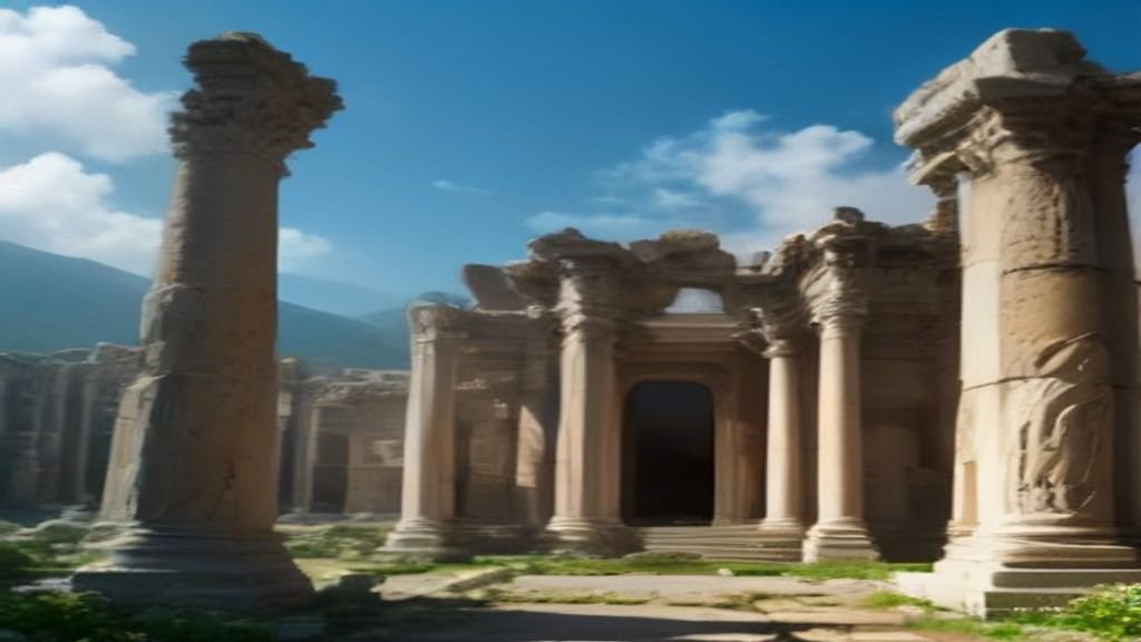 Ruínas antigas iluminadas pelo sol revelando o local de novas descobertas arqueológicas em Éfeso.