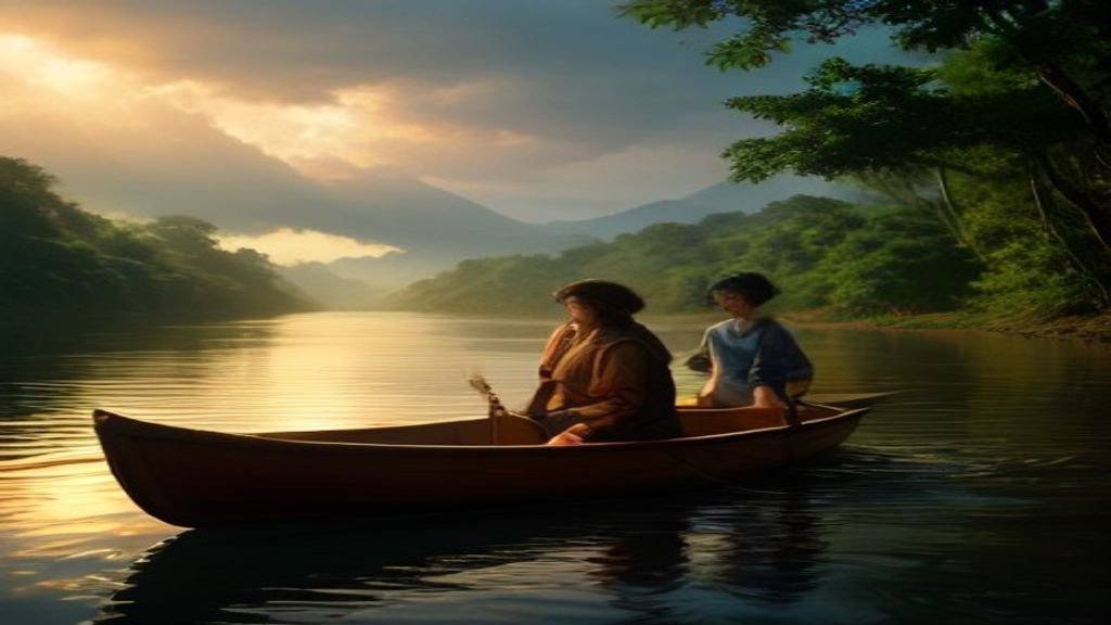 Canoa de madeira carregada com caixas para a distribuição de Bíblias na Amazônia em rio tropical.