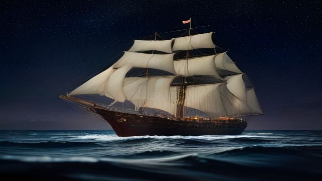 Ilustração de navio antigo navegando em mar calmo sob noite estrelada, simbolizando a história do hino Sou Feliz.