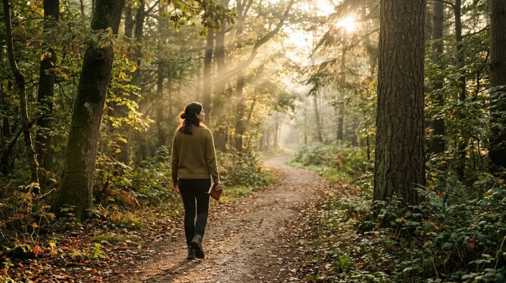 Caminho tranquilo em uma floresta verdejante iluminada pelo sol da manhã