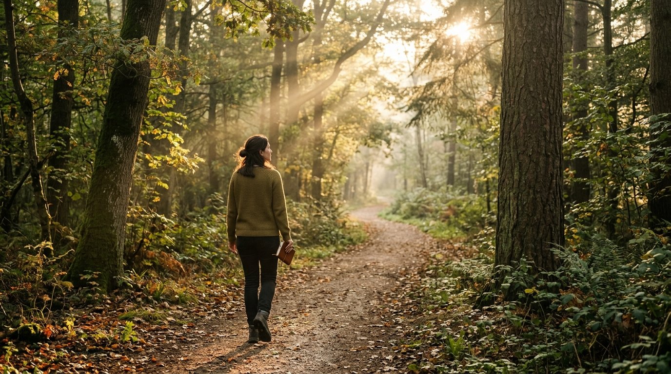 Caminho tranquilo em uma floresta verdejante iluminada pelo sol da manhã