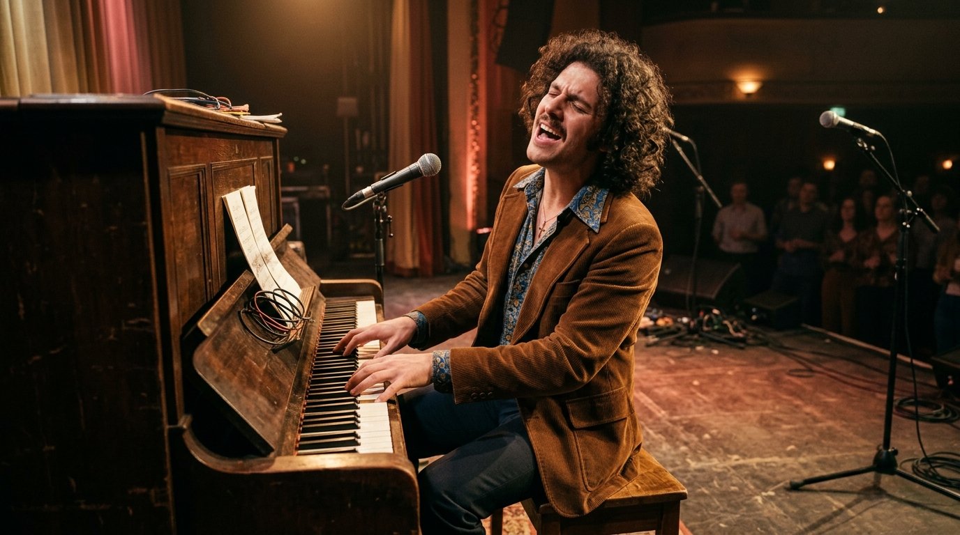 Ilustração de pianista tocando em estilo clássico dos anos 70