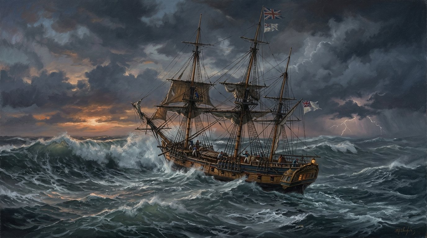 Navio antigo enfrentando tempestade no oceano