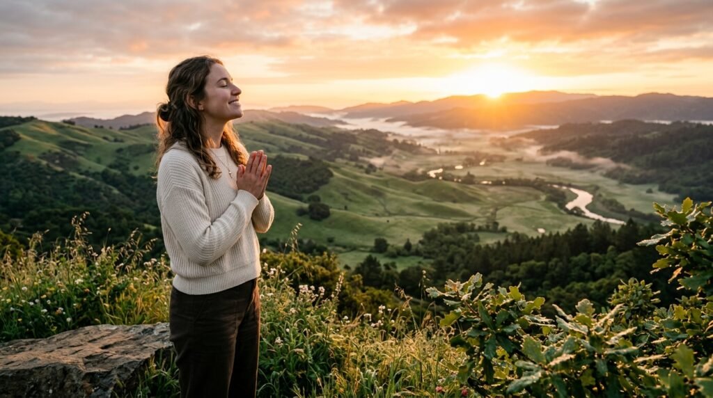 Sol nascendo sobre um vale verdejante, simbolizando recomeço e esperança renovada.