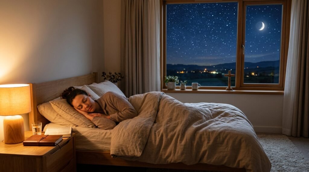 Janela de quarto mostrando céu noturno estrelado com lua crescente, simbolizando sono tranquilo.