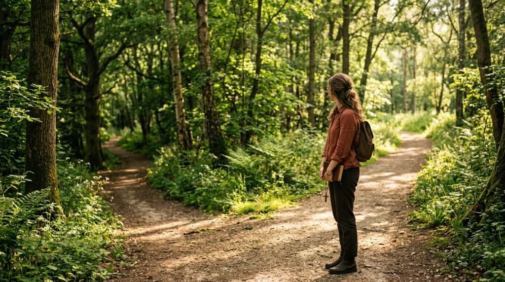 Caminho ensolarado se dividindo em uma floresta, representando escolhas e direção.