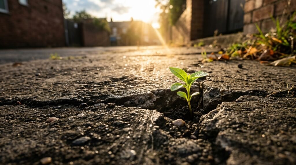 Pequeno broto verde crescendo através de uma rachadura no concreto sob luz solar.