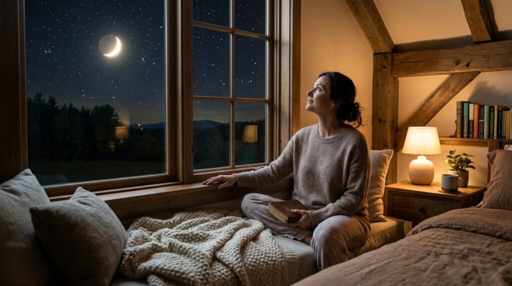 Quarto aconchegante com janela aberta para uma noite estrelada e céu calmo.