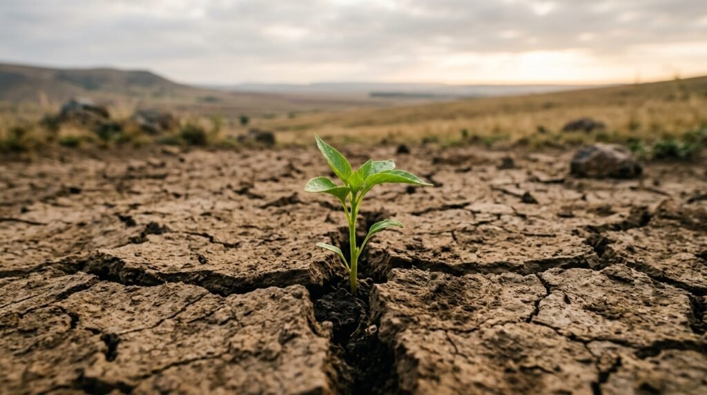 Pequena planta verde crescendo com força em um solo árido sob luz suave.