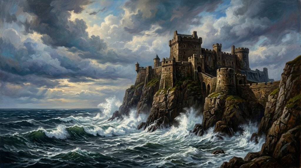 Fortaleza de pedra firme diante de um mar agitado sob nuvens escuras.
