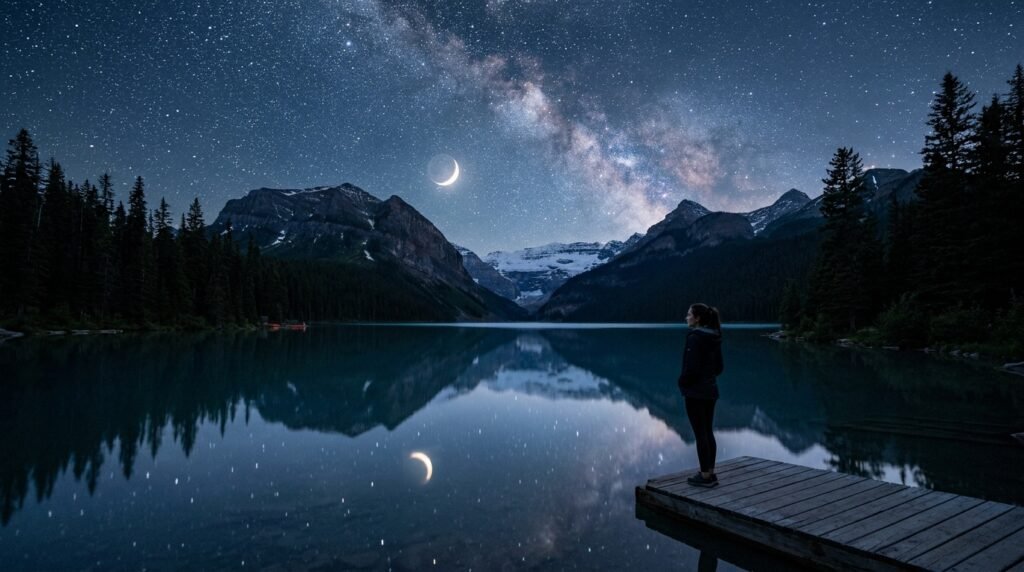Lago calmo refletindo estrelas sob céu noturno sereno.