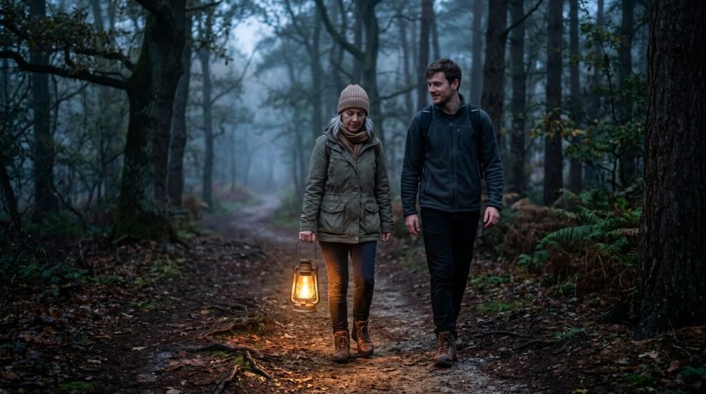 Caminho na floresta iluminado por lanterna a óleo antiga.