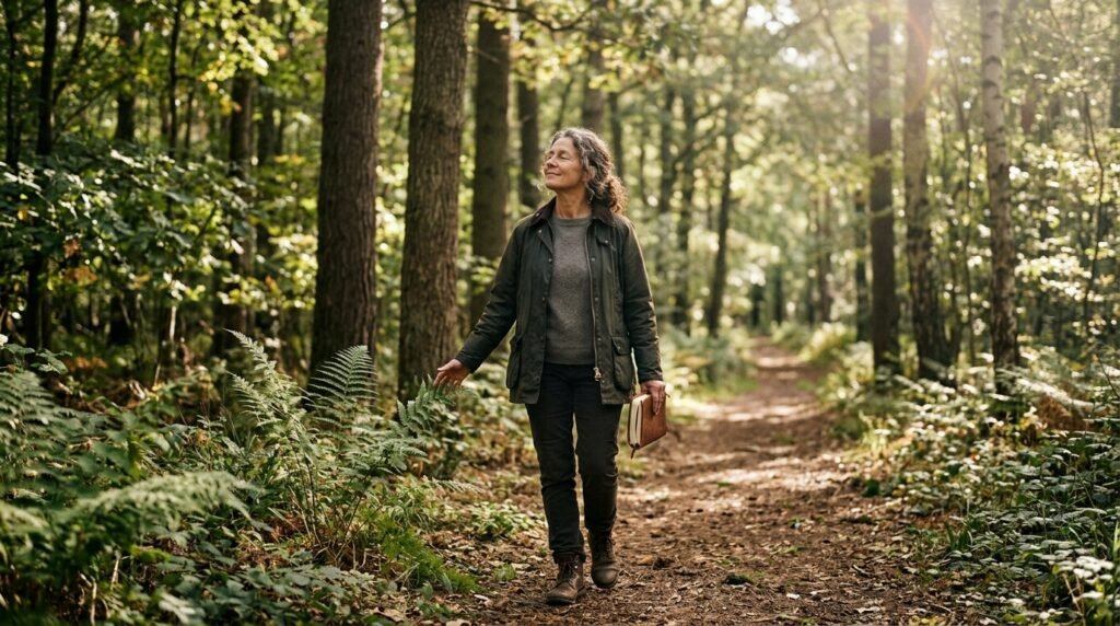 Caminho tranquilo em uma floresta verde sob a luz da manhã.