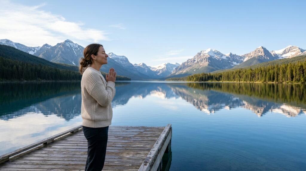 Lago calmo refletindo o céu limpo em um ambiente de paz.