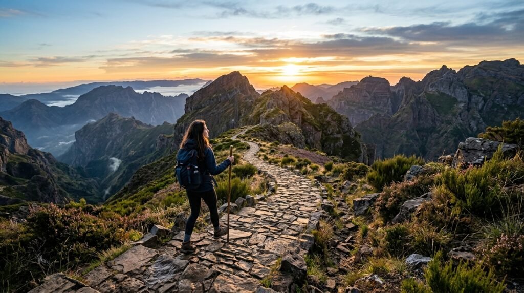 Caminho de pedra subindo a montanha em direção ao horizonte iluminado.