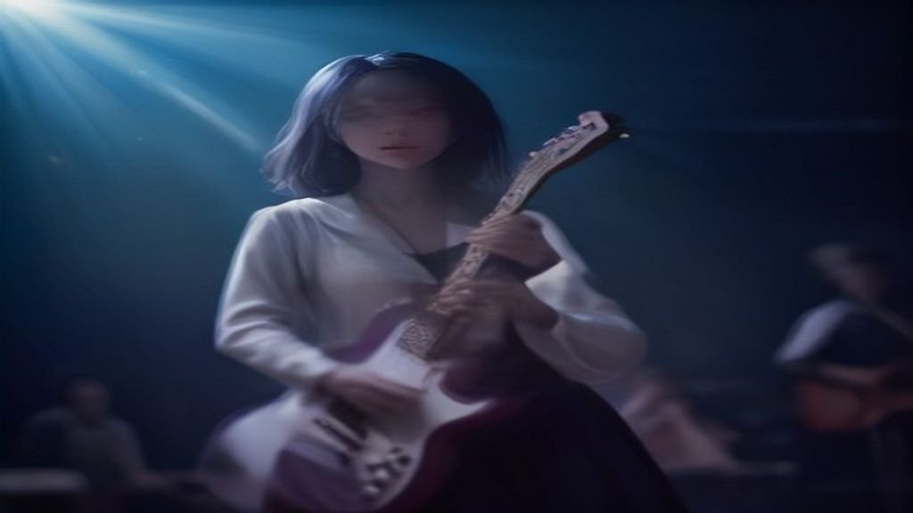 Guitarra elétrica em um palco iluminado por luzes de show azuis e roxas.