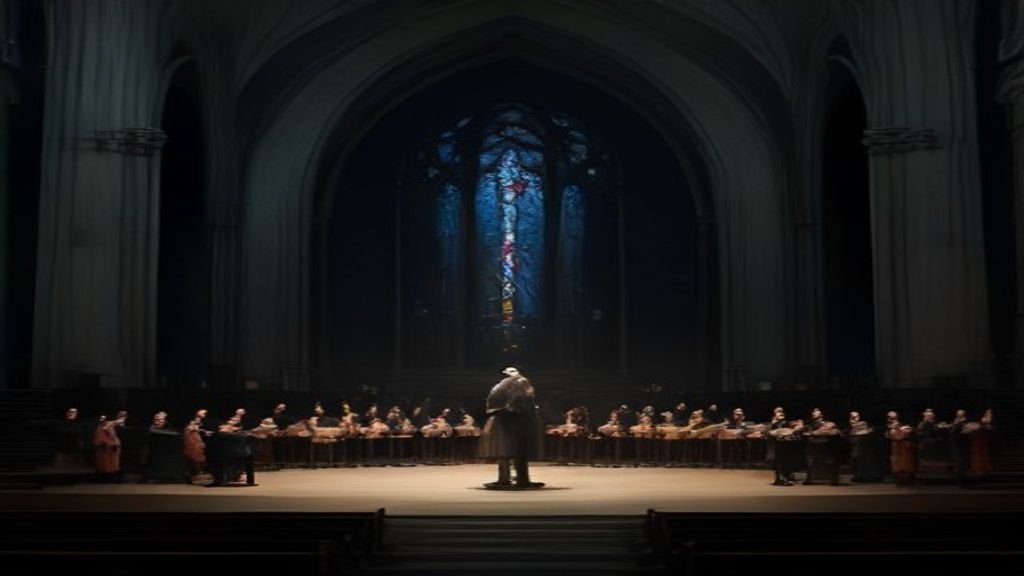 Ministério de louvor liderando cânticos congregacionais sob iluminação suave em um templo moderno.
