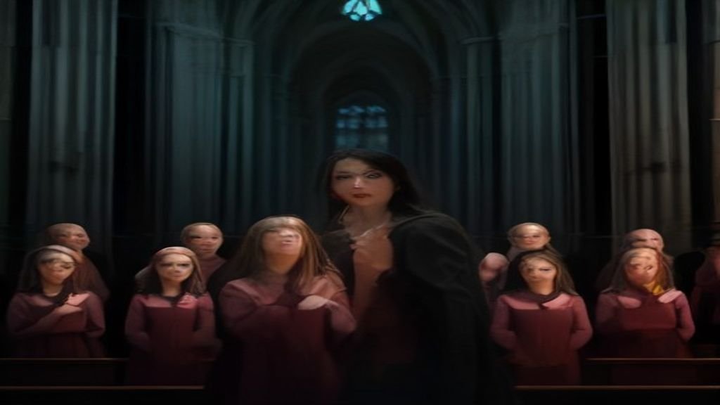 Grupo de jovens cantando juntos em um coral de igreja sob iluminação artística.
