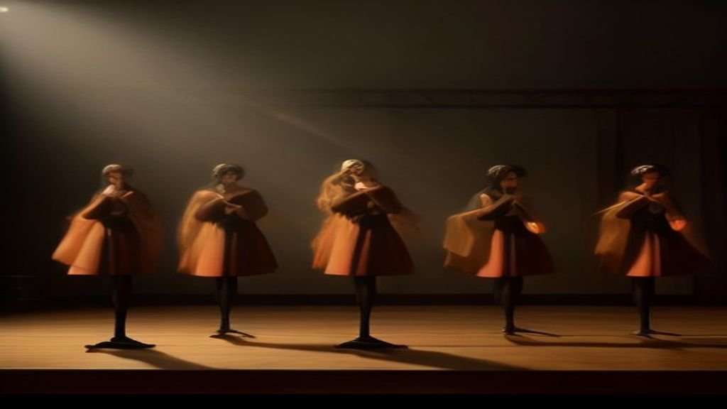 Quatro microfones clássicos alinhados em um palco de madeira iluminado.