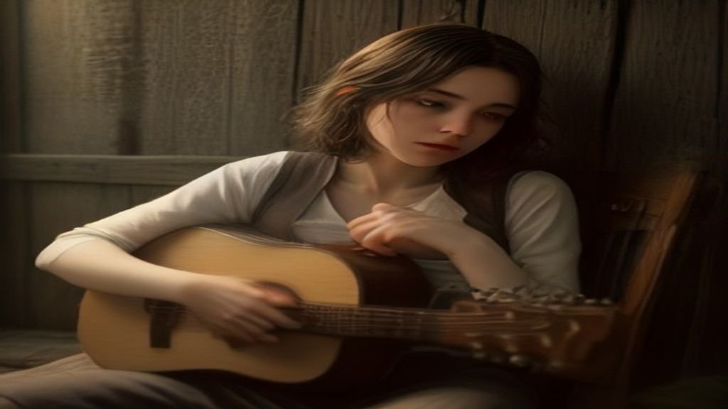 Violão acústico e acordeom encostados em parede de madeira rústica.