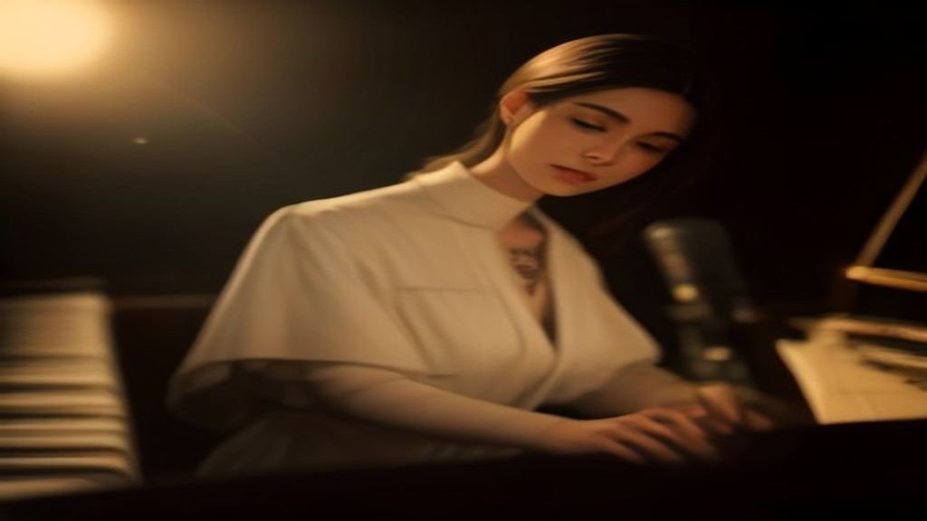 Estúdio de gravação com piano de cauda e microfone vintage sob iluminação suave.
