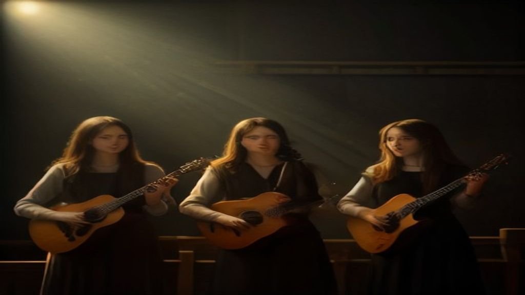 Representação artística de apresentação acústica dos anos 1970 sob luz quente.