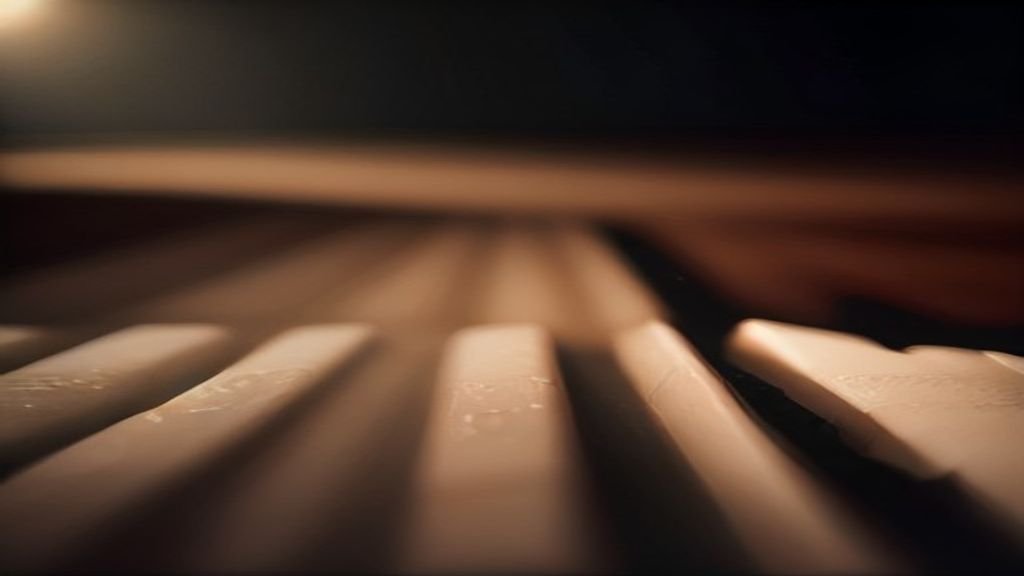 Teclado sintetizador moderno em palco escuro com iluminação LED azul e roxa.