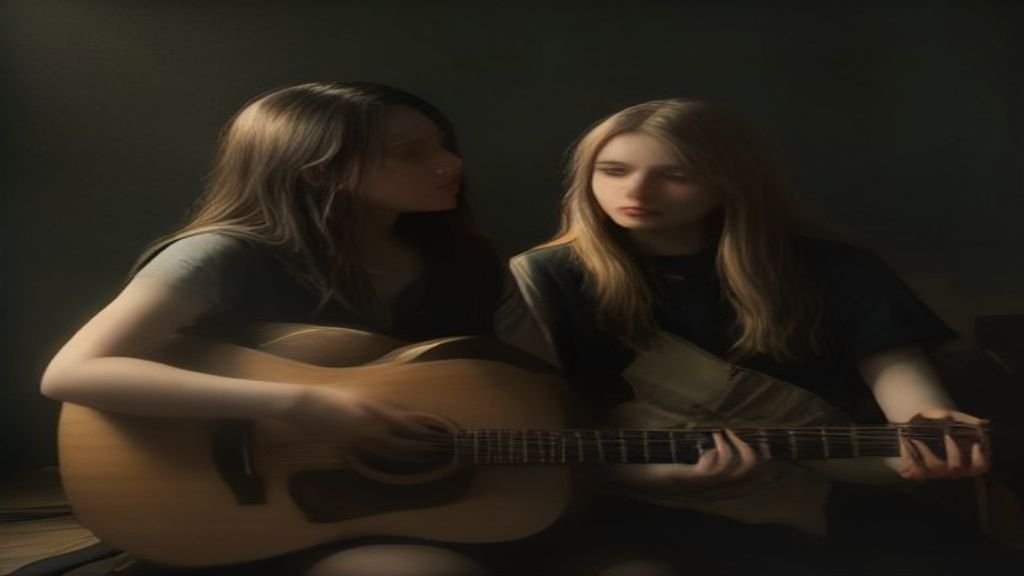 Violão e guitarra elétrica dispostos lado a lado em um estúdio musical escuro