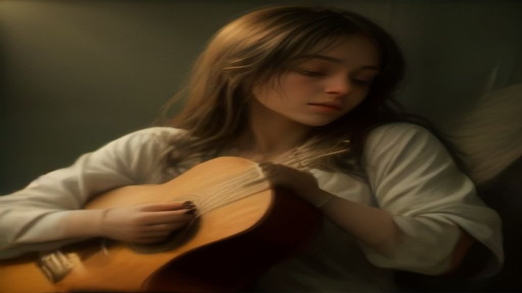 Mãos de músico dedilhando violão acústico de madeira clara no altar da igreja