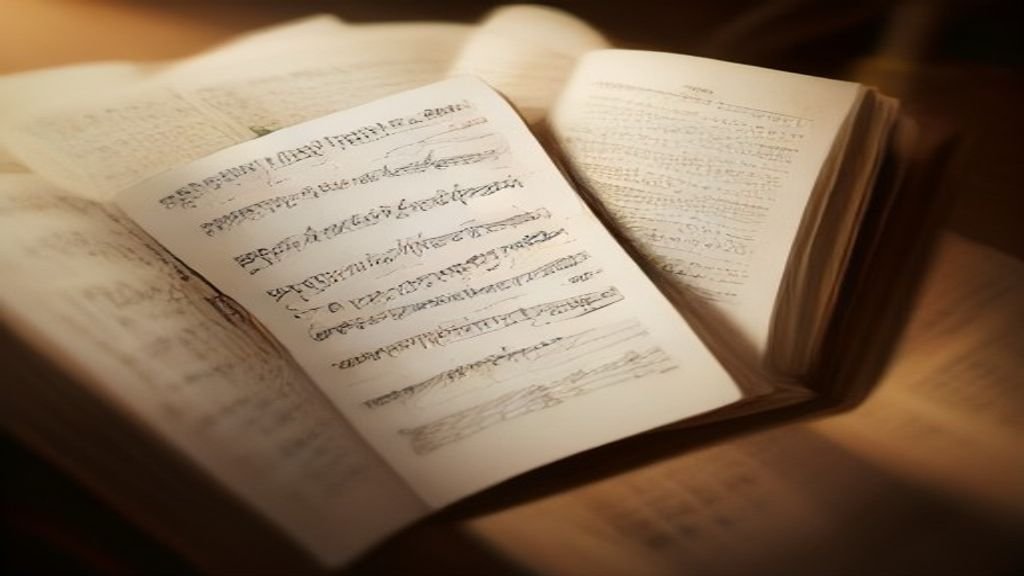 Hinário antigo com partitura aberto sob luz dourada e suave