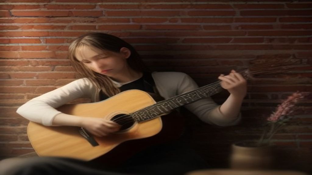 Violão acústico apoiado em parede de tijolos sob lâmpadas quentes penduradas.