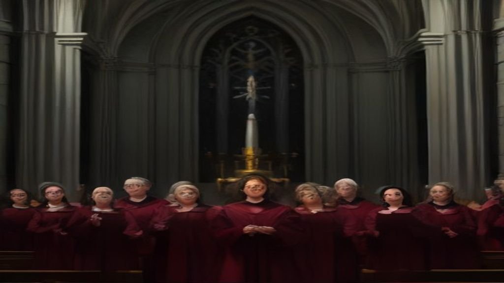 Grupo de cantores de coral em galeria de igreja com expressões de canto.