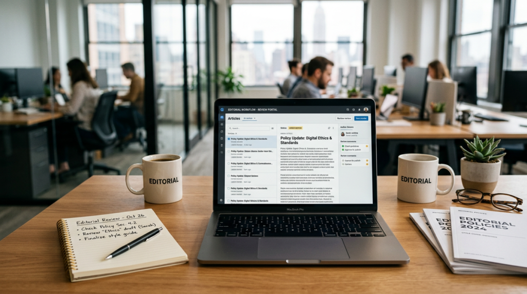 $title$ $focuskw$ Editorial desk with review documents, symbolizing content policy and journalistic standards in US Christian media.