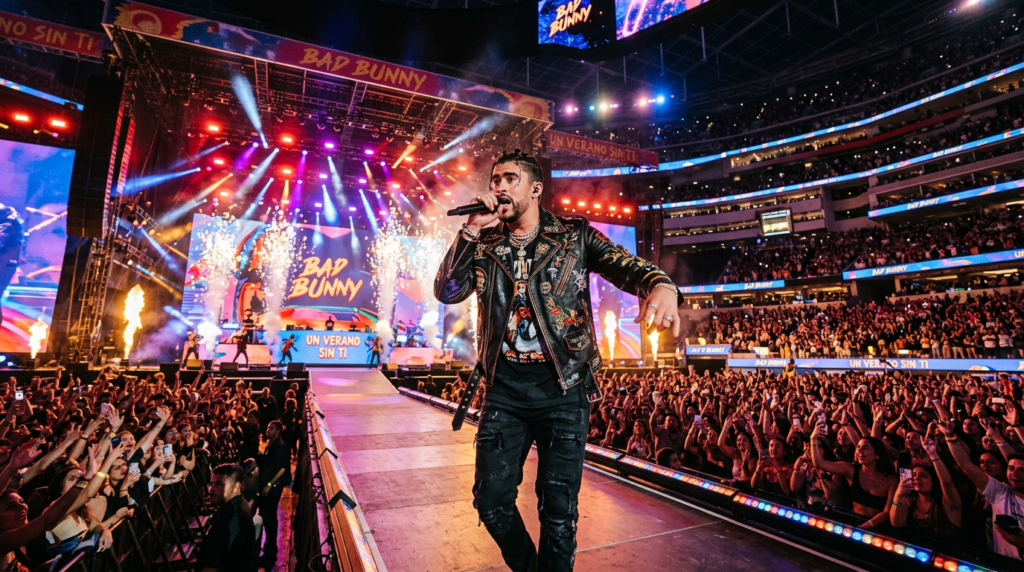 Bad Bunny electrifying a massive, diverse crowd at a sold-out stadium concert in the United States, showcasing his immense cultural reach.