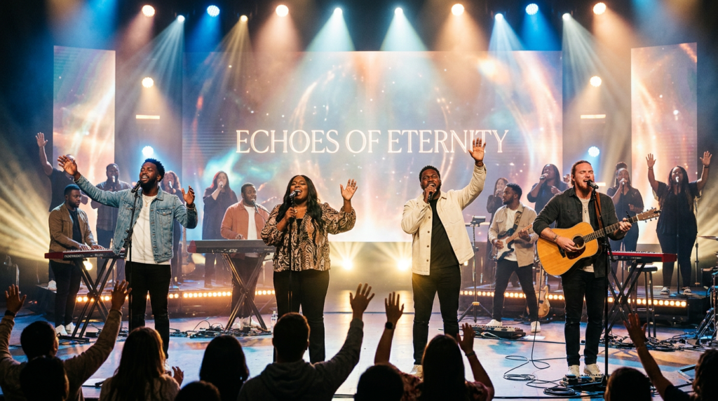Maverick City Music collective performing live on stage, bathed in ethereal light, celebrating the release of their album 'Echoes of Eternity'.