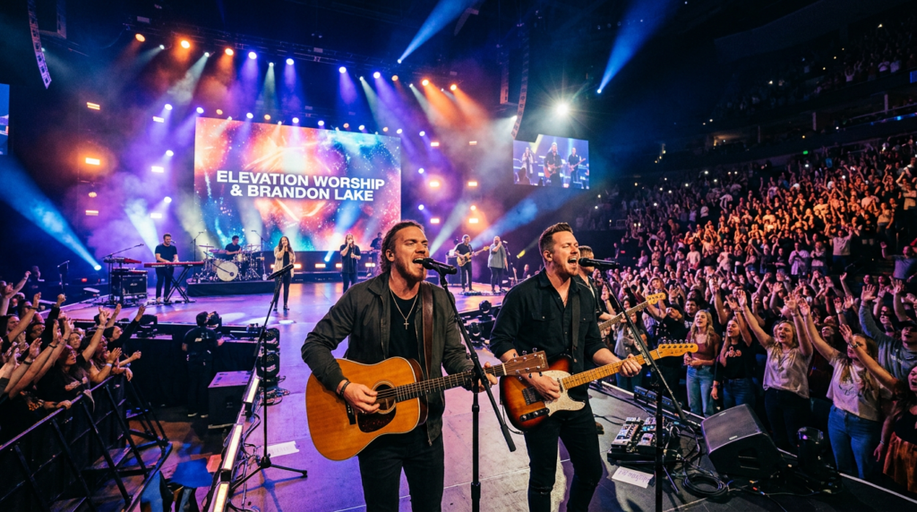 Brandon Lake and Elevation Worship performing live on stage during their 'Worship Nights' arena tour, with an enthusiastic crowd.