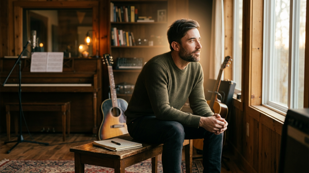 Phil Wickham, a prominent worship artist, reflecting on his chart-topping songs, bathed in warm, inspirational light, embodying the spirit of his music.