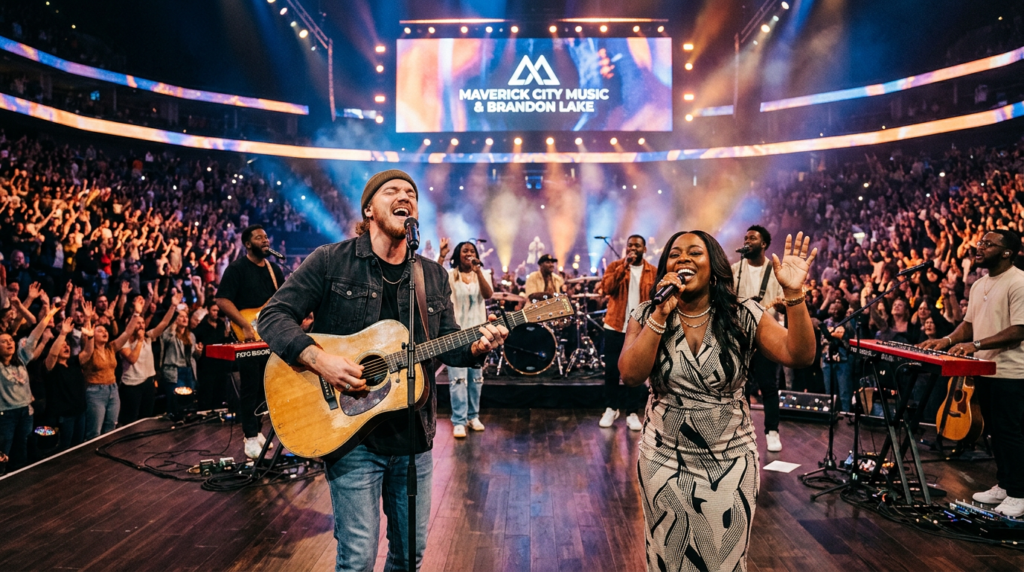 Maverick City Music and Brandon Lake electrifying 'The Revival Tour' stage, leading thousands in worship under bright lights.