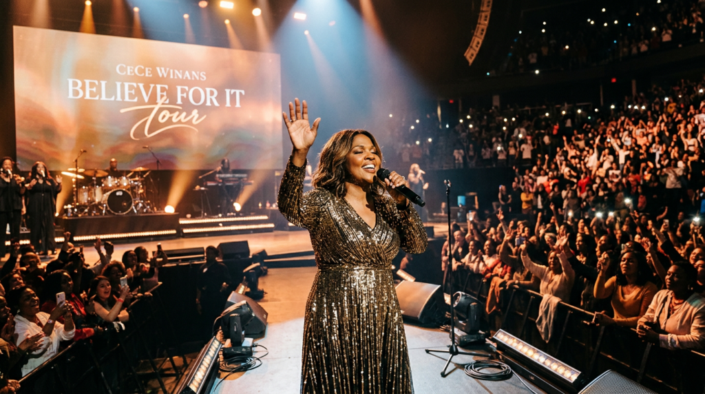 CeCe Winans passionately singing on stage during her 'Believe For It' tour, inspiring a large, worshiping audience.