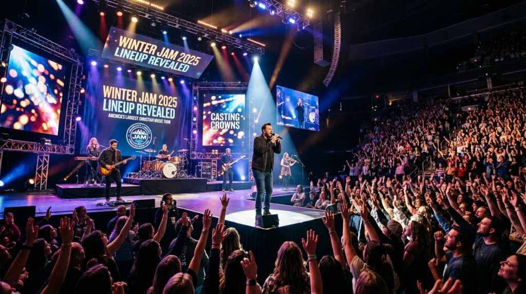 Casting Crowns performing live on stage at Winter Jam 2025, with a large, engaged audience under bright stage lights.