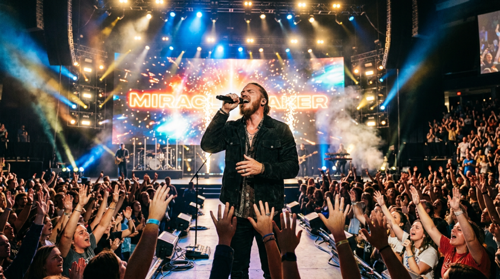 Brandon Lake passionately performing his hit song 'Miracle Maker' live on stage, surrounded by an engaged audience.