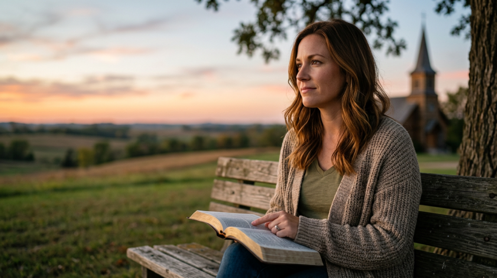 $title$ $focuskw$ A person looking out at a sunrise over a peaceful landscape, symbolizing hope and a bright future, with a subtle cross silhouette.